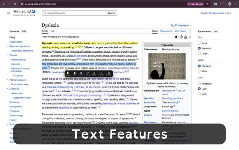 ClearRead text feature toolbar, Vedant Agrawal's reading app