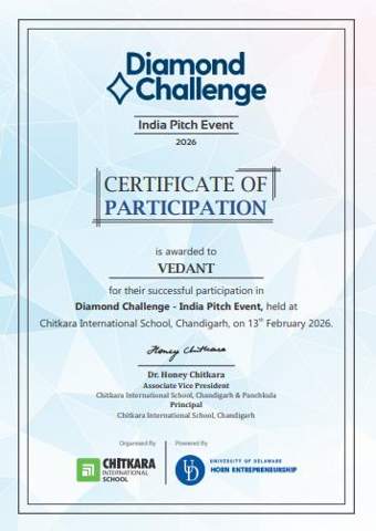 Vedant Agrawal's Diamond Challenge India Pitch Event certificate for ClearRead