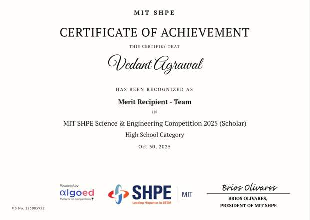 Vedant Agrawal's MIT SHPE Certificate of Achievement