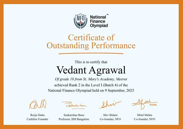 Vedant Agrawal's NFO Certificate of Outstanding Performance, Rank 2