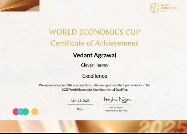Vedant Agrawal's World Economics Cup Certificate of Achievement